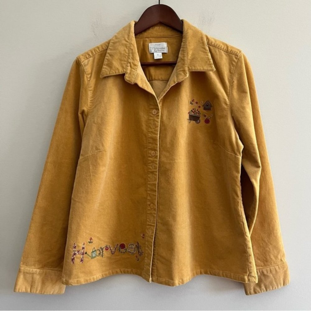 Christopher & Banks Embroidered Button Front Shirt Stretch Corduroy Size XL